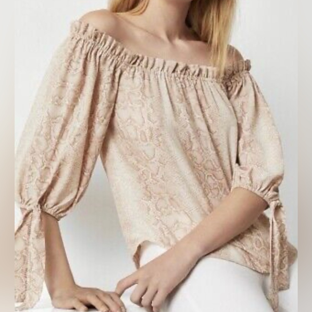 BCBG Off-Shoulder Beige Snake Print Blouse